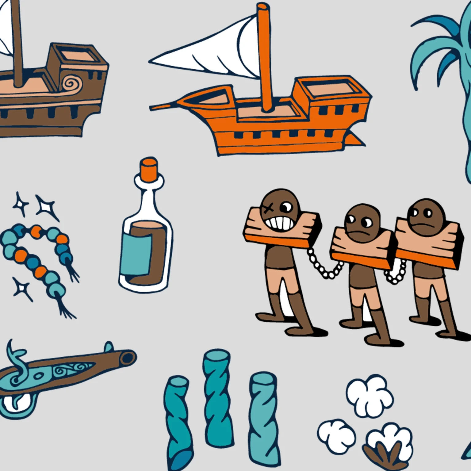 Piraten! Illustrationen: Schiffe, Gefangene in Ketten, Waren und Waffen. Erklärvideo von Studio341