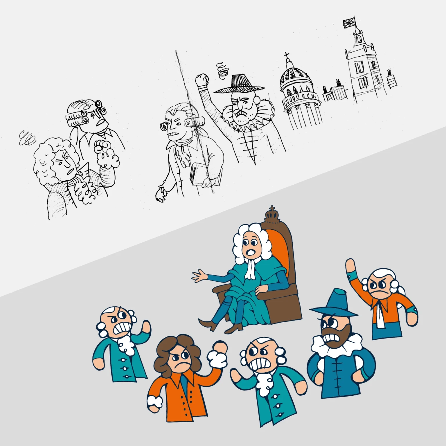 Piraten! Figuren: Kaufleute und Gouverneur, von Skizze bis Farbe. Illustration von Studio341