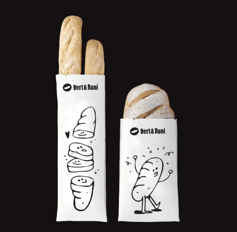 Bert & Boni Brottüten mit illustrierten Brotfiguren. Verpackungsdesign von Studio341