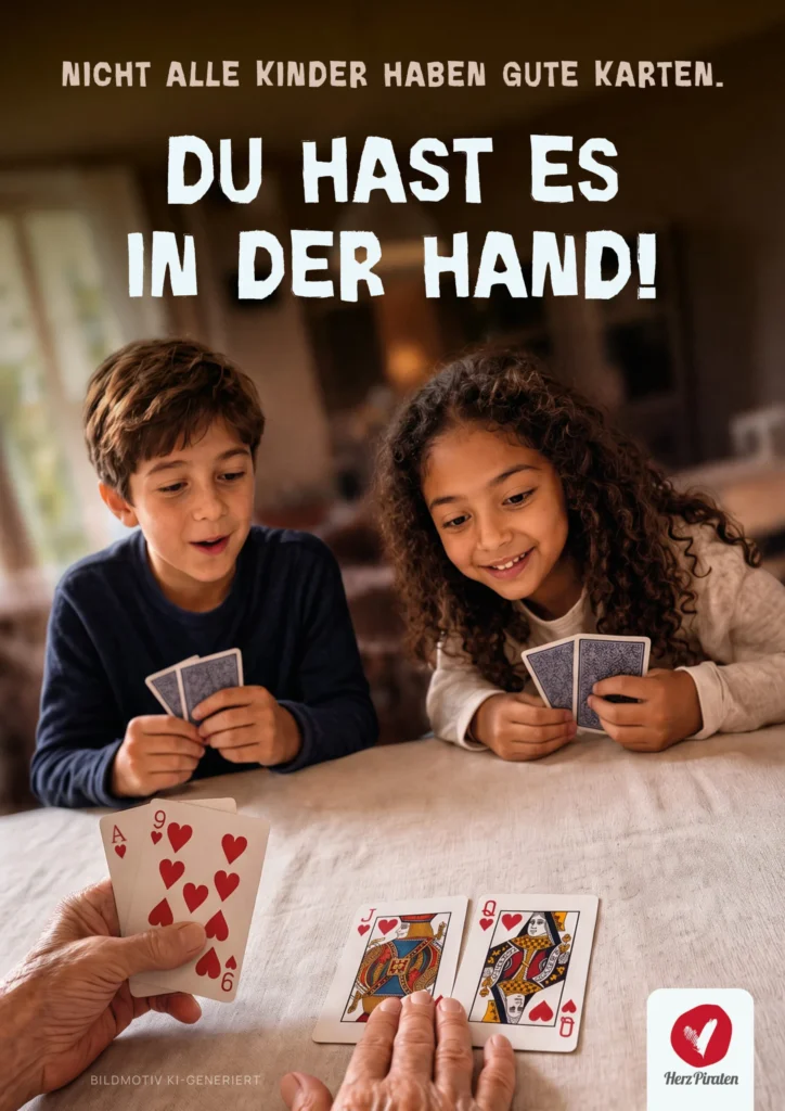Plakat „Du hast es in der Hand!“ mit Kindern beim Kartenspiel für HerzPiraten von Studio341