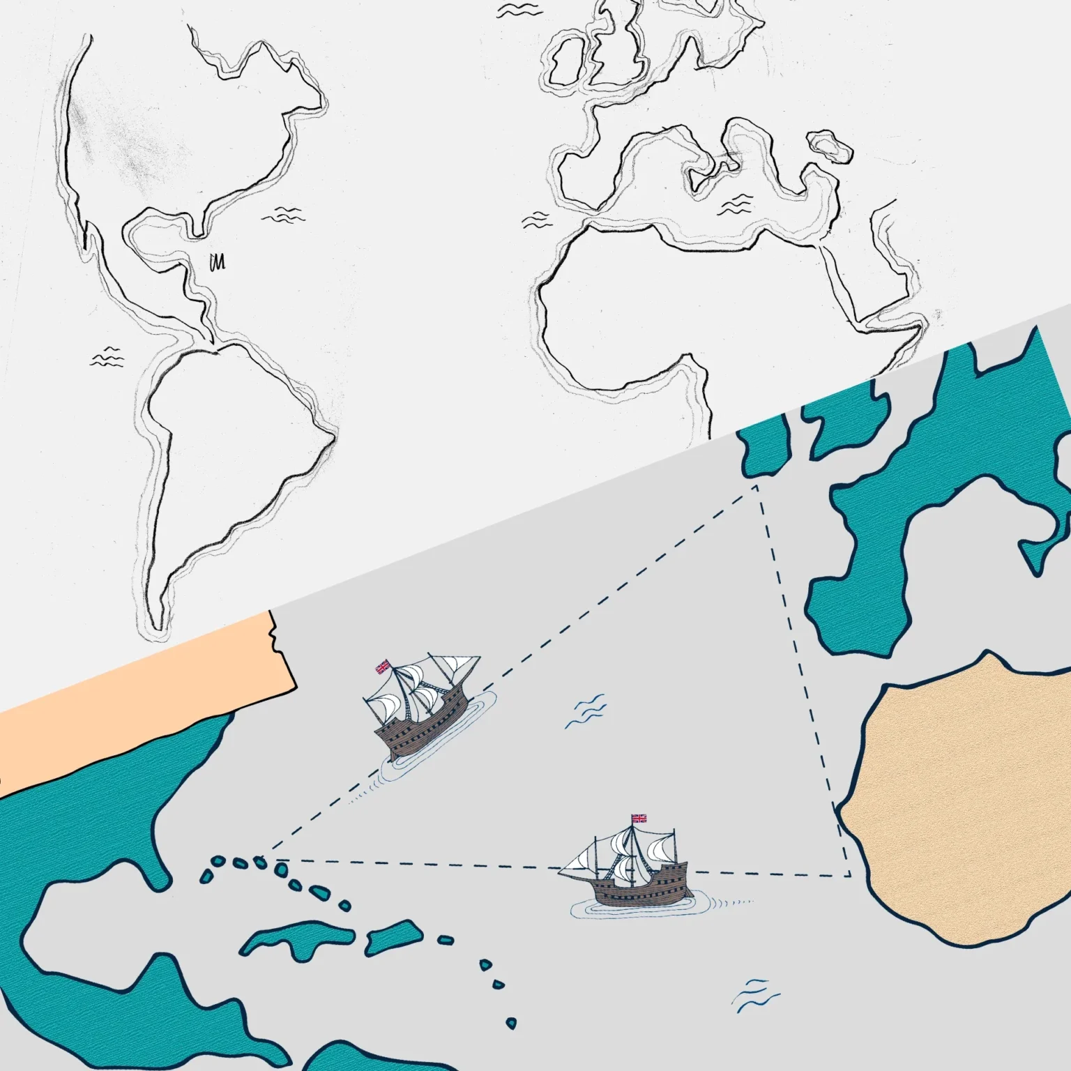 Piraten! Karte des Dreieckshandels, von Skizze bis Farbe. Illustration von Studio341