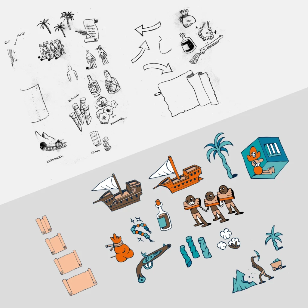 Piraten! Skizzen und farbige Illustrationen für das Erklärvideo – Studio341