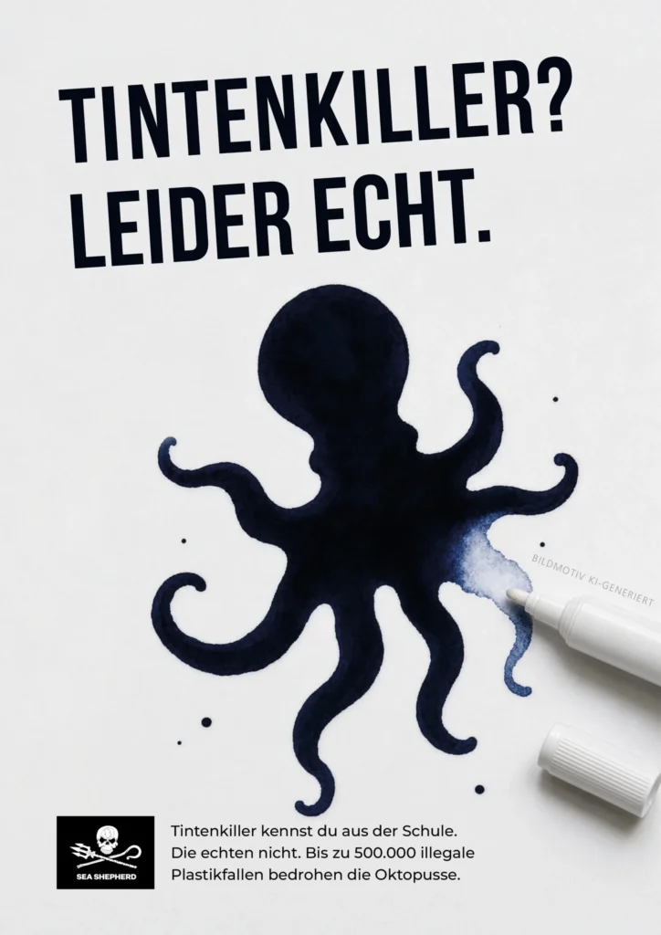 Plakat „Tintenkiller? Leider echt.“ mit Oktopus für Sea Shepherd von Studio341