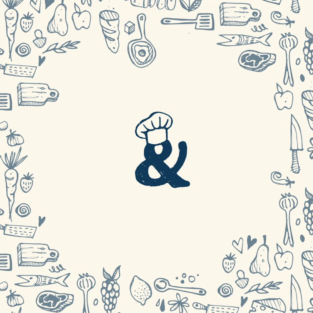 David & Lucian Logo mit Kochmütze, umrahmt von gezeichneten Küchenillustrationen – Studio341