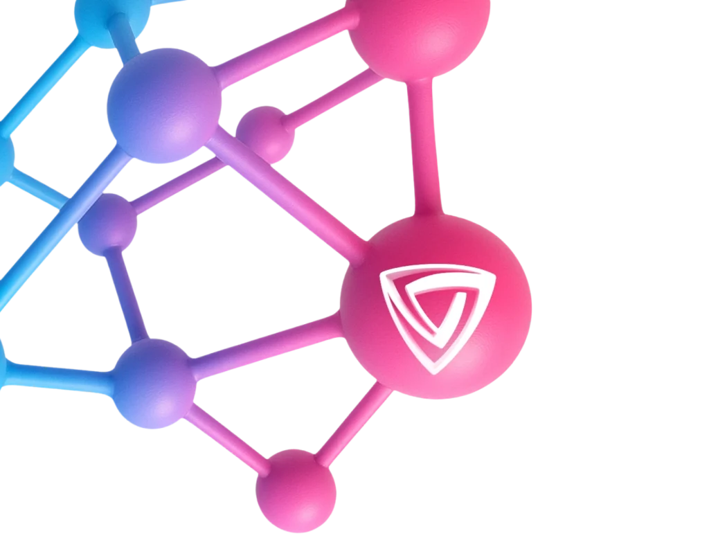 Next Gen Innovators 3D-Netzwerk mit Schild-Signet in Pink und Blau – Studio341