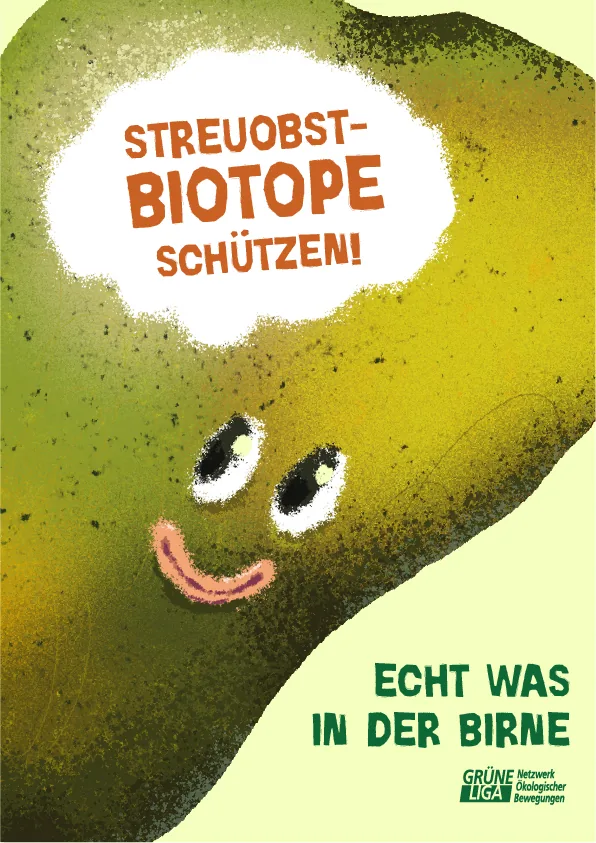 Plakat „Streuobst-Biotope schützen! Echt was in der Birne“ für die Grüne Liga von Studio341